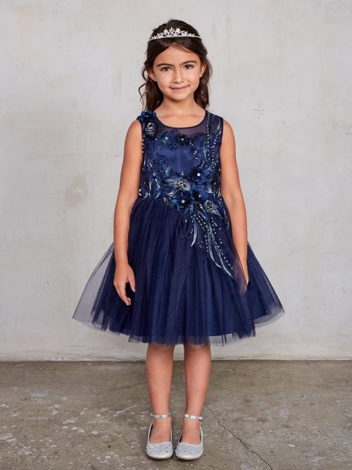 TT 7027NV Navy Blue Sleeveless Dress with 3D Flowers and Mesh Overlay Skirt Girls Dresses Flower Girl Dresses Flower Girl Dress For Less