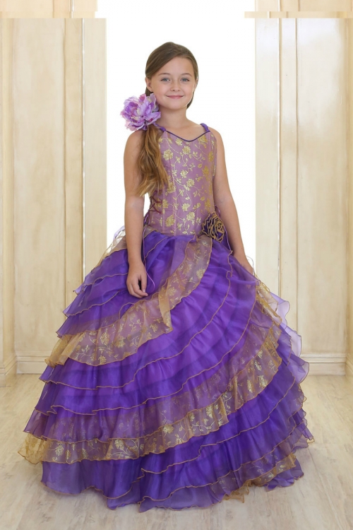 Girls Dress Style OS2060- PURPLE-GOLD Sleeveless Organza Embroidered Dress with Bolero
