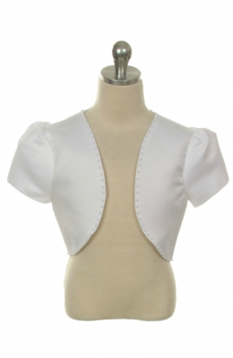 Girls Jacket Style J002 -  WHITE Short Sleeve Satin Bolero with Pearl Accents