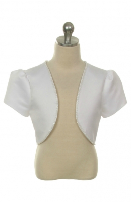 Girls Jacket Style J003 - WHITE Short Sleeve Satin Bolero with Rhinestones