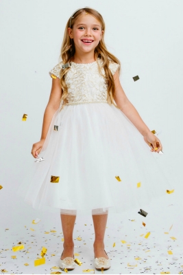 Girls Dress Style 709 - Short Sleeved Gold Corded Embroidered Dress in Off White