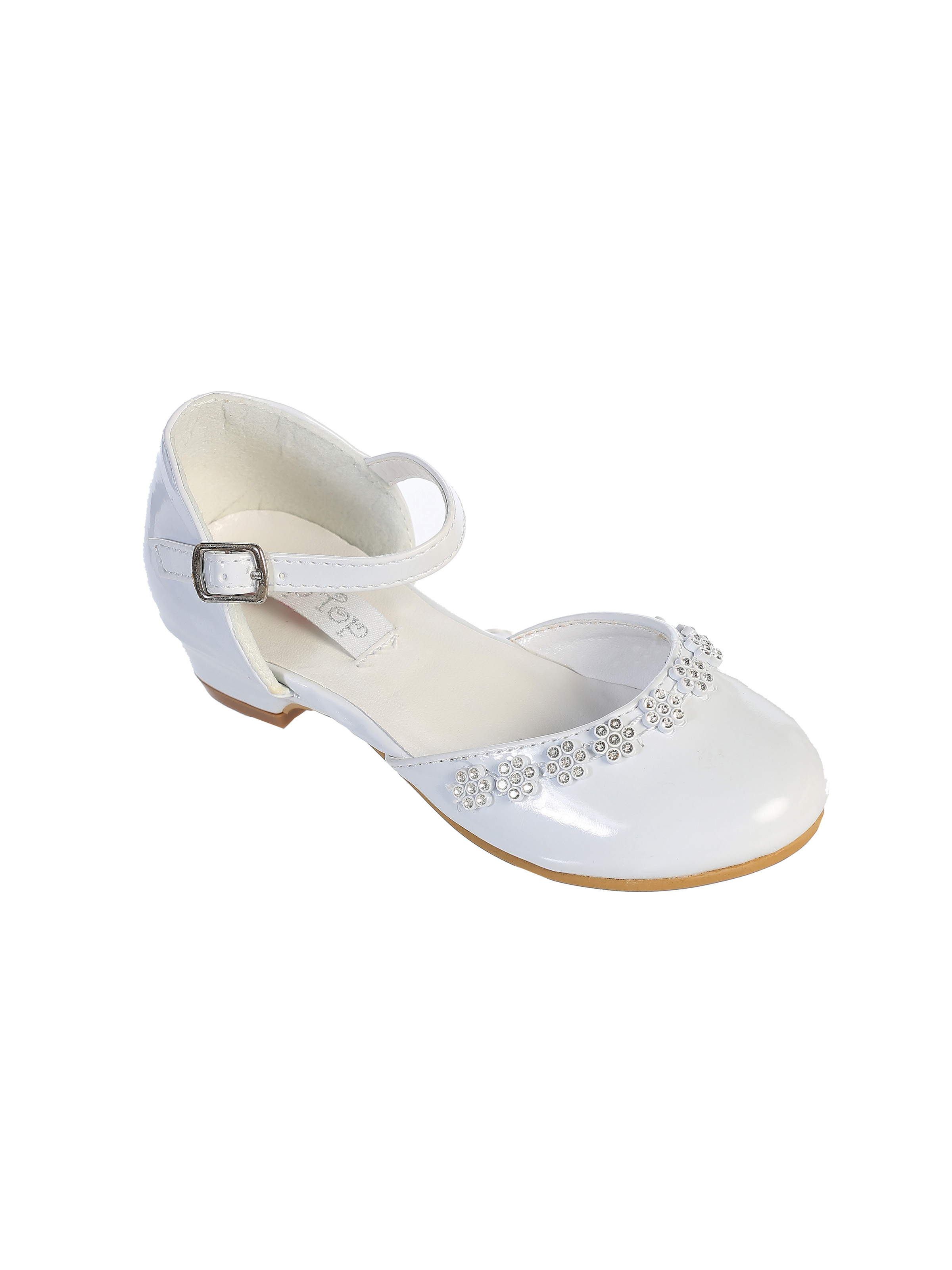Flower Girl Shoe Style S69 - Soft Patent Shoe with Floral Rhinestone Detailing