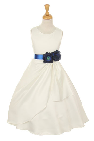 white dress with blue ribbon