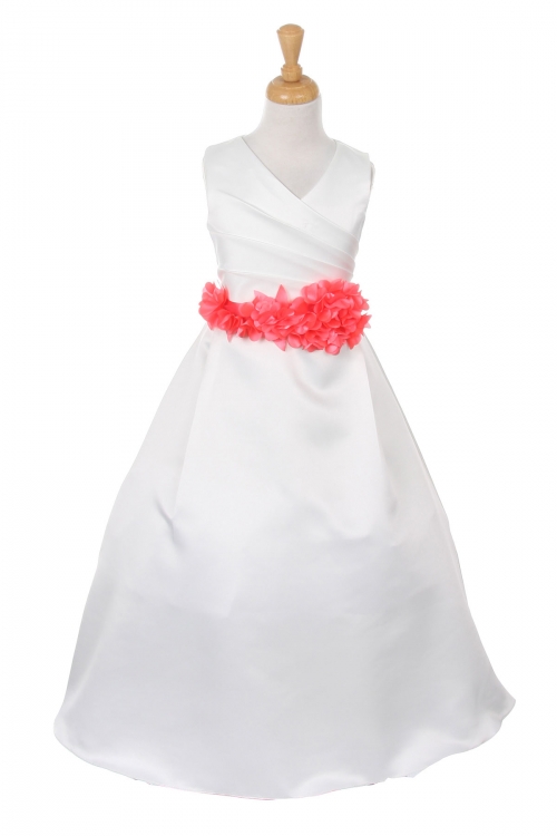 Girls Dress Style 1186 IVORY Dress with Coral FLOWER Sash