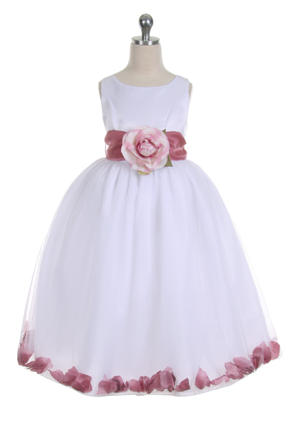 Flower Girl Dress Style 152 Choice of White or Ivory Dress with Mauve Sash and Petals