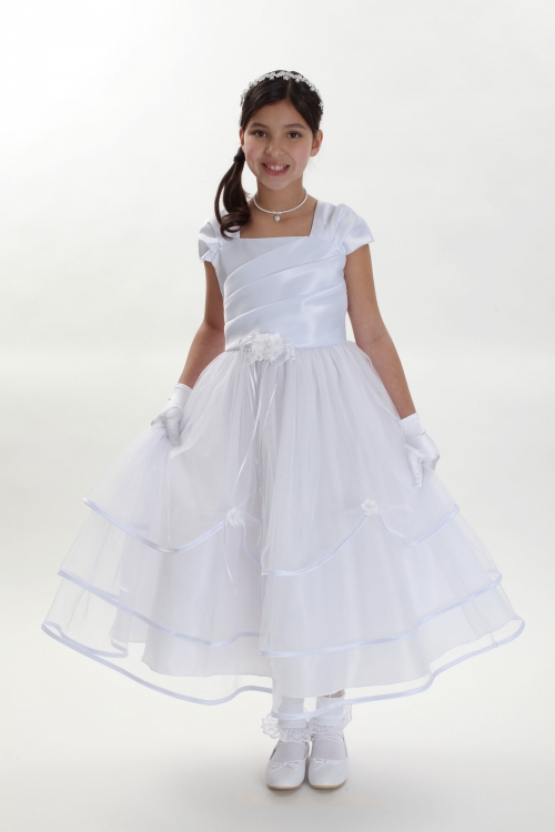 Girls Dress Style 304 Choice of White or Ivory Satin and Tulle Cap Sleeve Dress